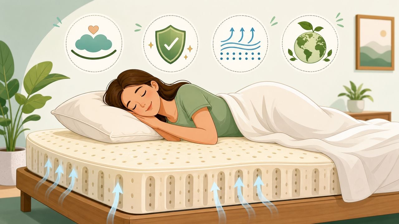 A woman sleeping comfortably on a breathable eco-friendly latex mattress with icons highlighting its key benefits.