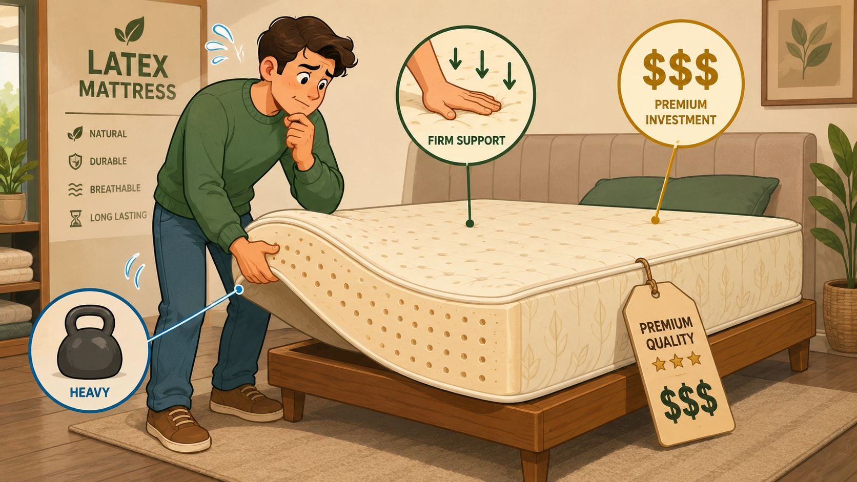 A person examining a thick latex mattress with icons illustrating its firm support, heavy weight, and premium quality.
