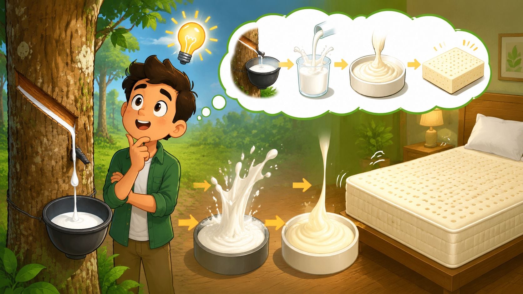 A boy thinking about the natural production process of a latex mattress from rubber tree sap.