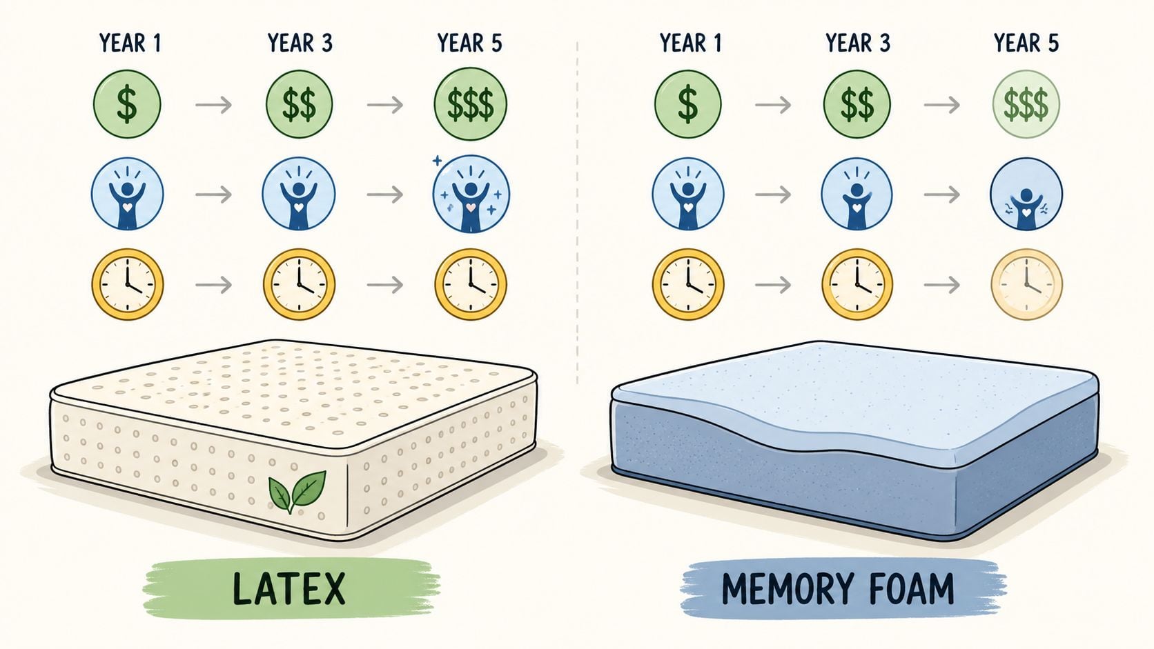 A comparative infographic showing the performance and durability of a latex mattress versus a memory foam mattress over five years.