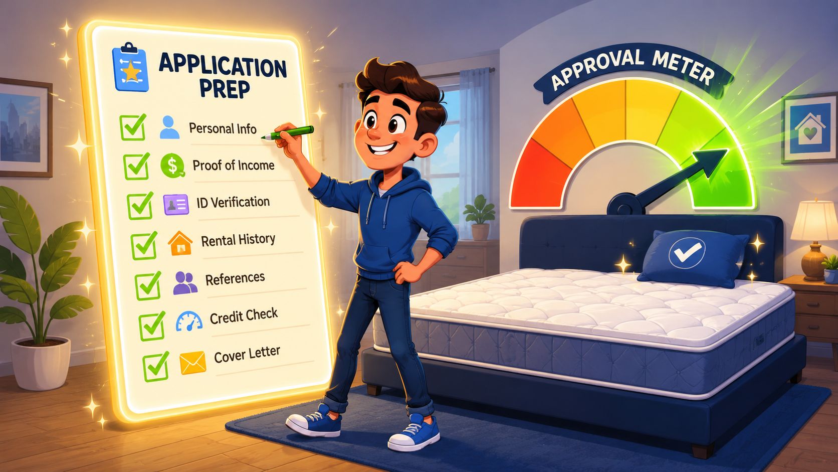 A happy young man checking off apartment application items next to a mattress and approval meter.