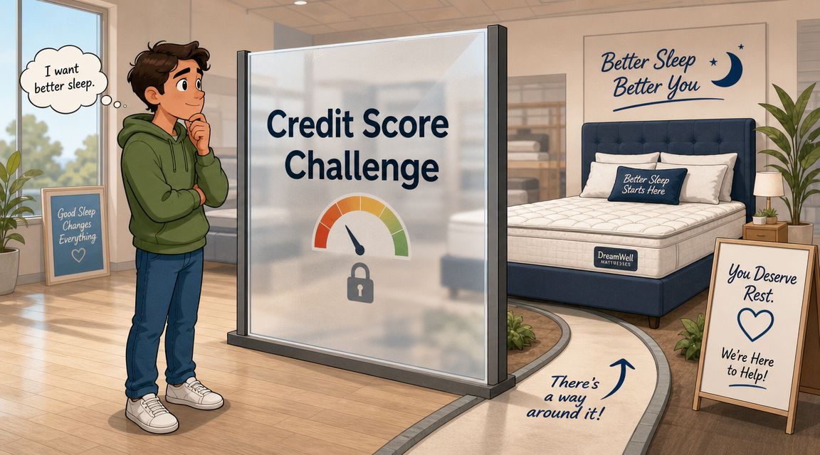 A person standing in a mattress store, looking past a locked credit score challenge barrier to a bed.