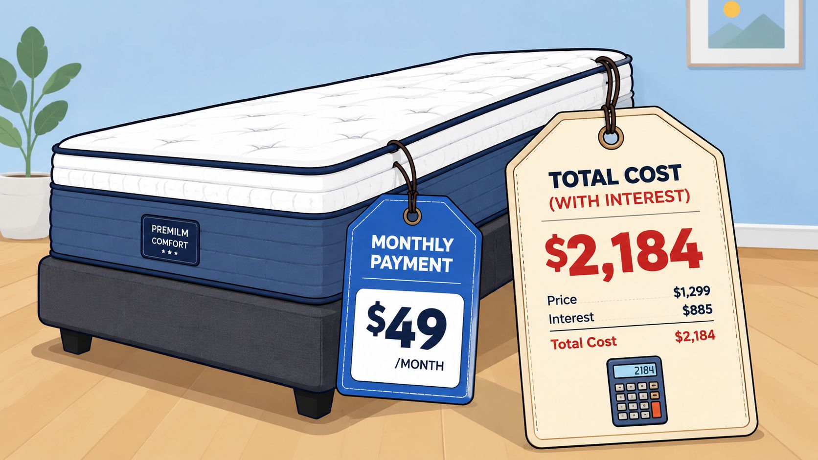 A mattress on a bed frame with price tags showing a monthly payment and total cost calculation.