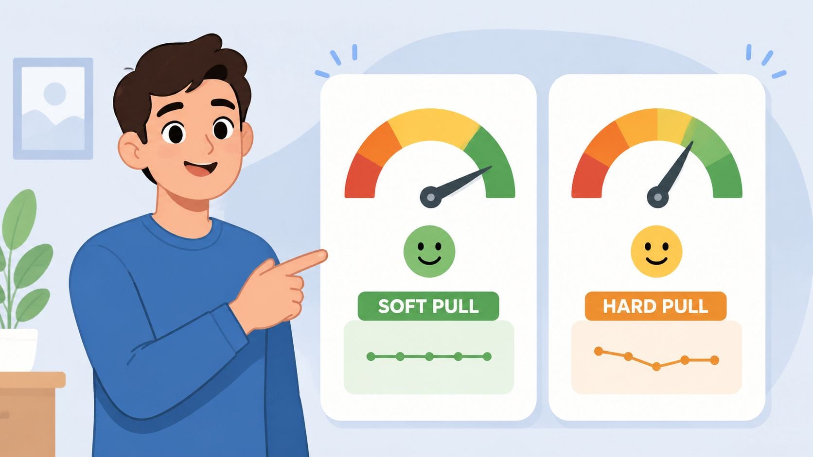 A friendly man pointing towards two comparison charts explaining the difference between soft pull and hard pull credit checks.