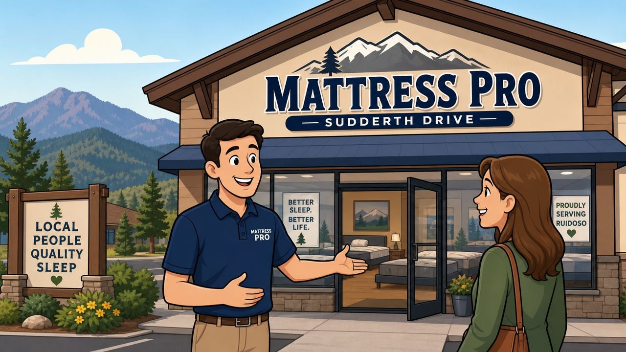 A friendly mattress store employee welcomes a customer in front of a Mattress Pro retail shop.