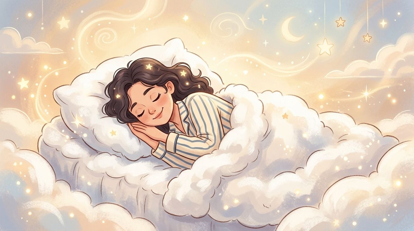 A peaceful girl sleeping soundly in a cozy bed surrounded by clouds and twinkling stars.