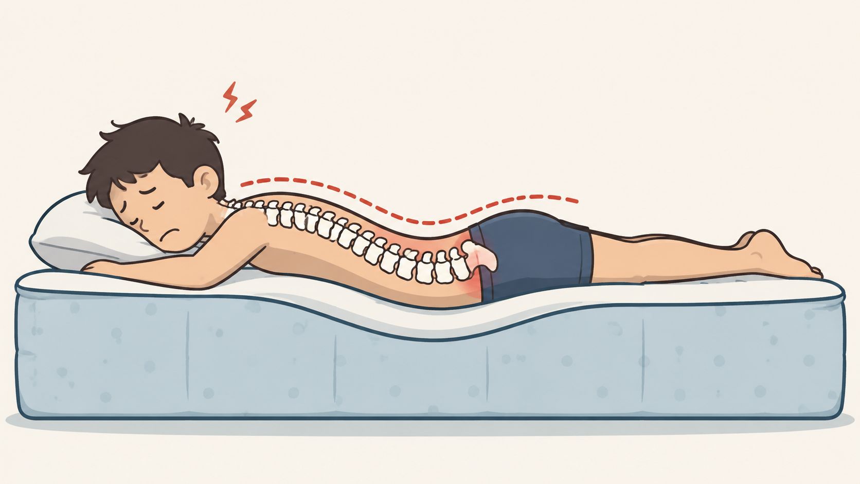 A cartoon illustration showing a person experiencing back pain while sleeping on a sagging mattress.