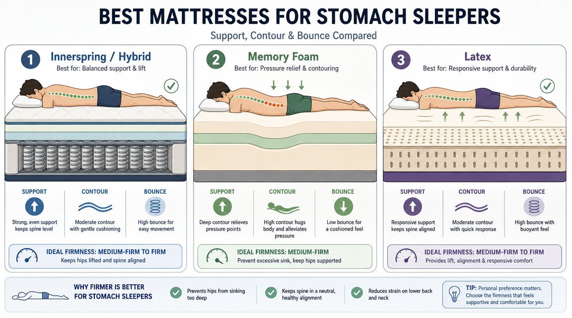 An infographic illustrating the best types of mattresses for stomach sleepers, including innerspring, memory foam, and latex.