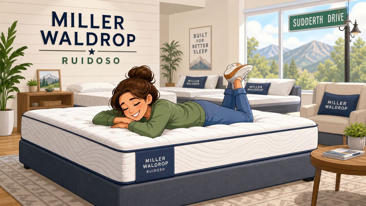 A happy woman lying comfortably on a plush mattress in a beautifully decorated bedroom showroom setting.