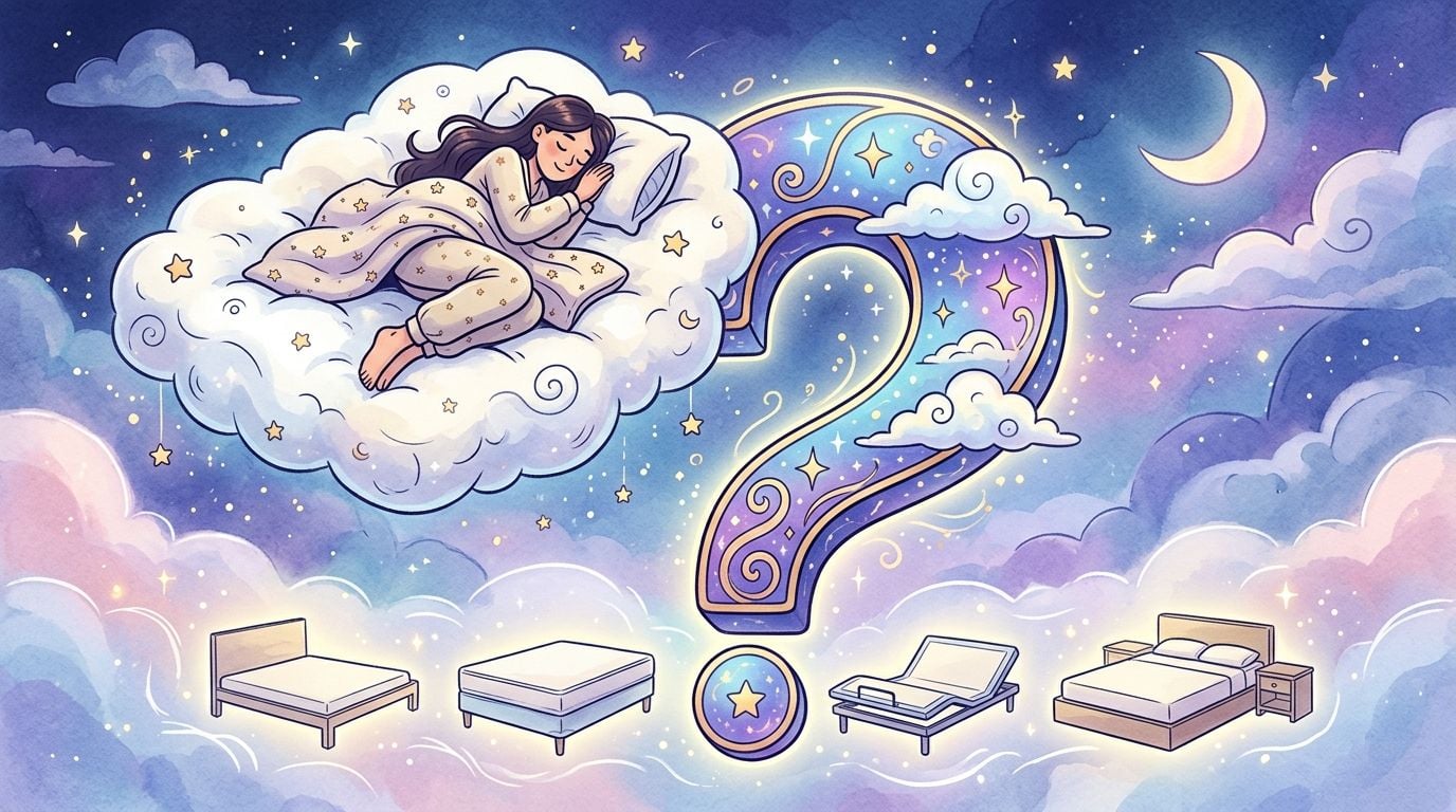 A whimsical illustration showing a woman sleeping on a cloud next to various bed frame styles.