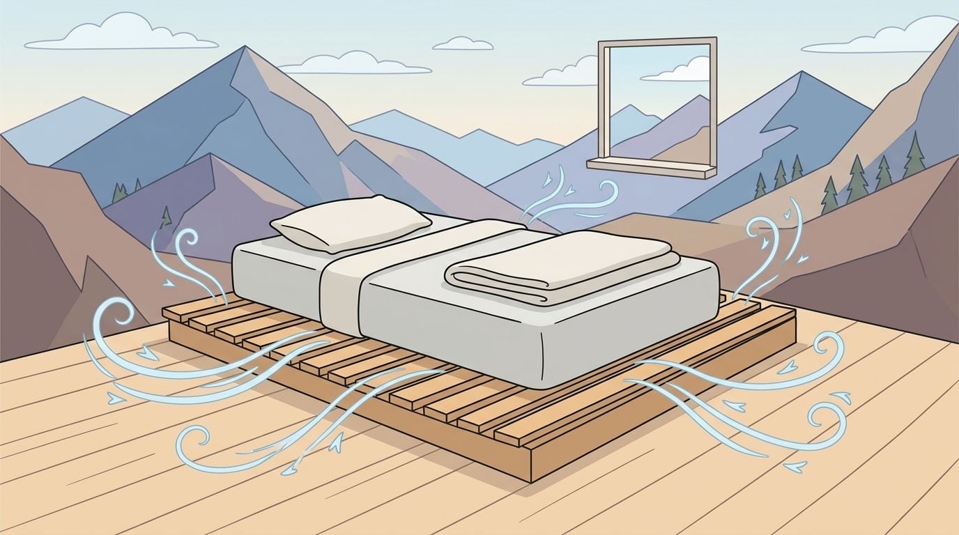 A mattress on a wooden slatted foundation placed outdoors with airflow swirls around it in a mountainous setting.