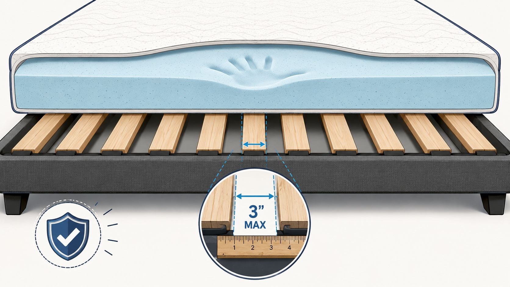 A cross-section illustration showing a memory foam mattress supported by wooden slats with a three-inch maximum gap.