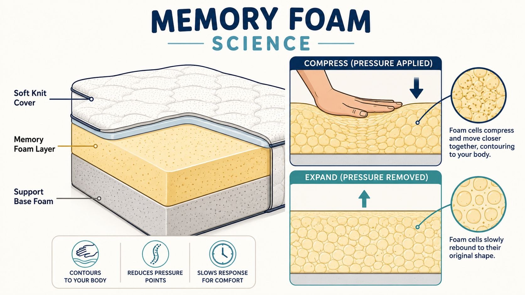 A diagram illustrating the science of memory foam, showing layers, compression, and expansion of foam cells.