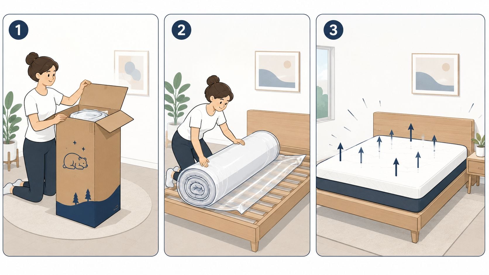 A woman unpacking and setting up a rolled memory foam mattress on a wooden bed frame.