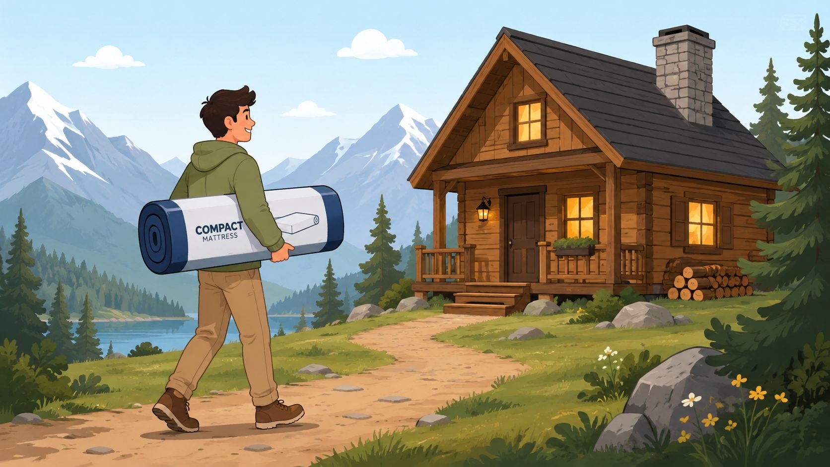 A young man carries a rolled-up compact mattress towards a cozy wooden cabin in the mountains.