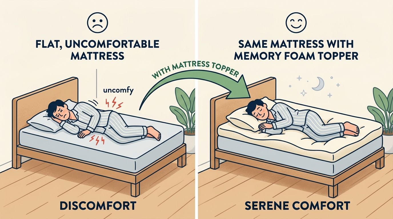 A comparison showing a man sleeping uncomfortably on a flat mattress versus sleeping peacefully with a memory foam topper.