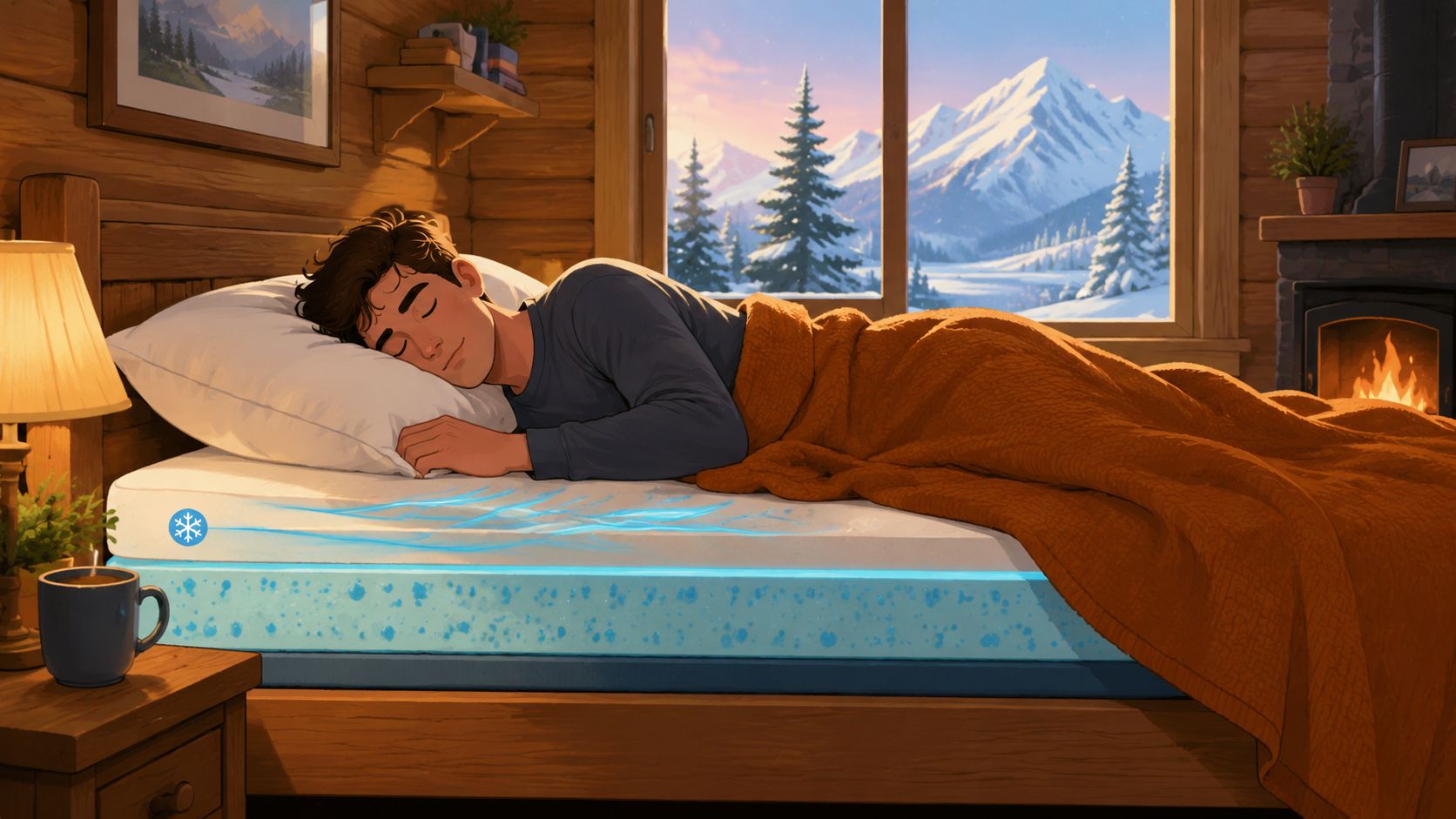 A young man sleeping peacefully on a comfortable memory foam mattress topper in a cozy log cabin.