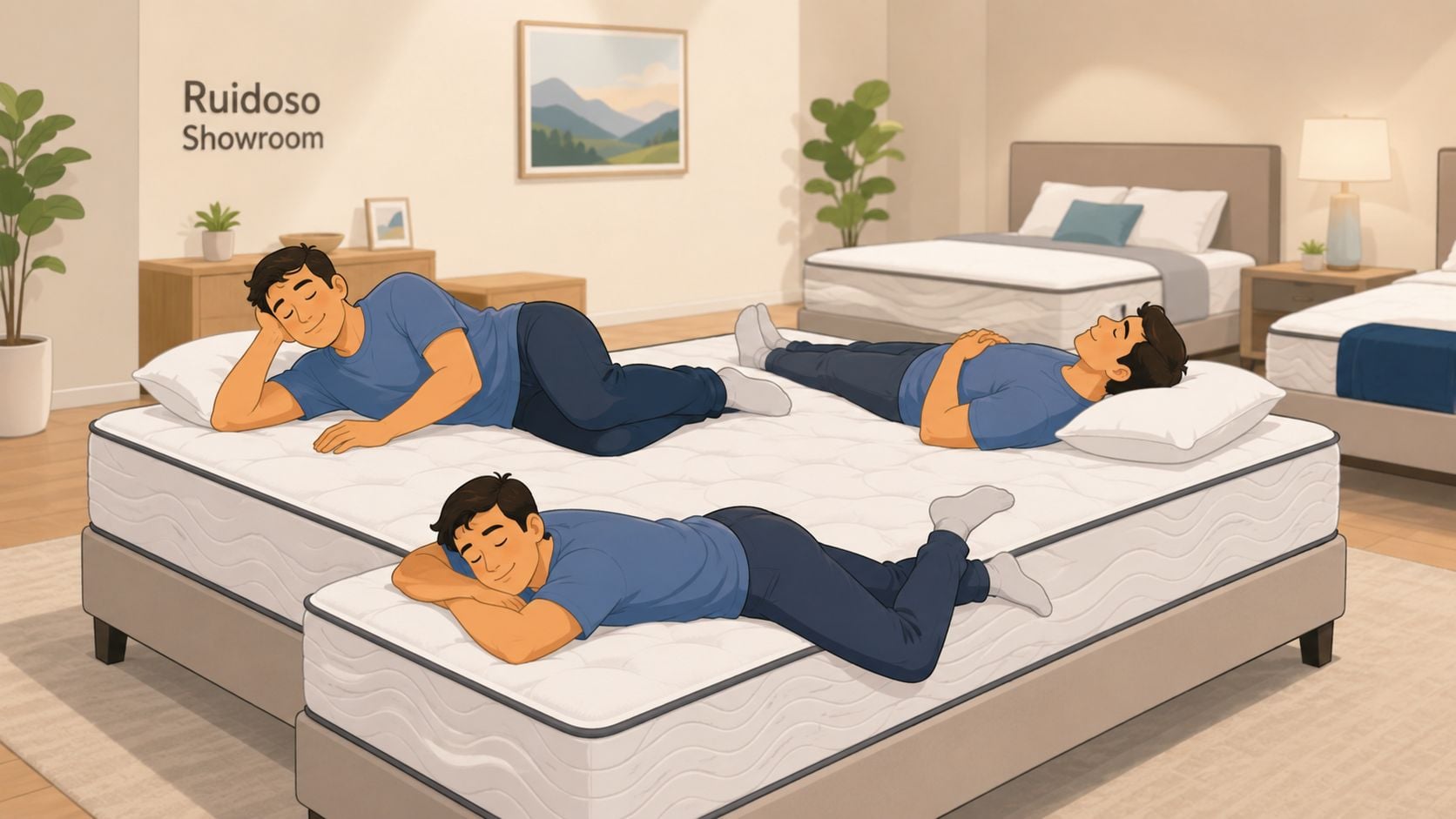 A digital illustration showing three men testing different sleeping positions on mattresses in a Ruidoso showroom.