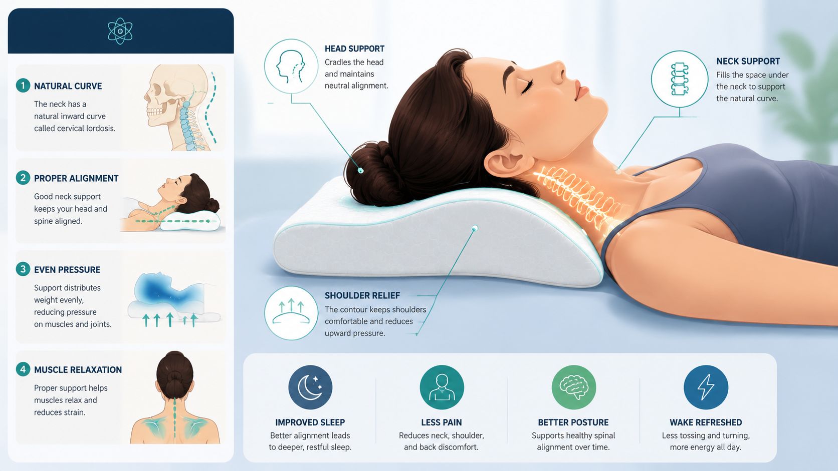 A diagram demonstrating how an ergonomic contoured pillow supports the head and neck to maintain spinal alignment.