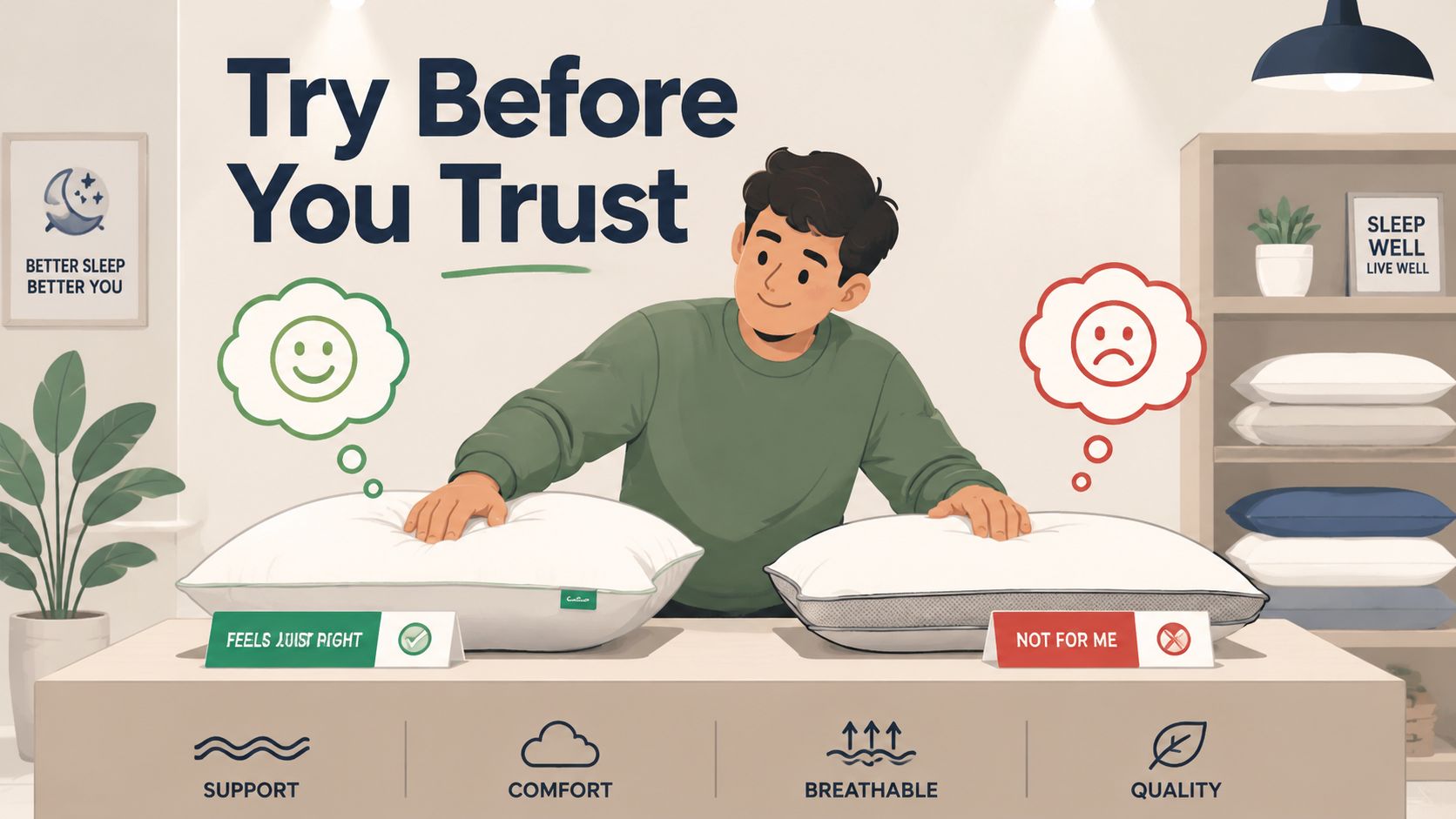 A man evaluating two different pillows to determine which one provides better neck support and comfort.