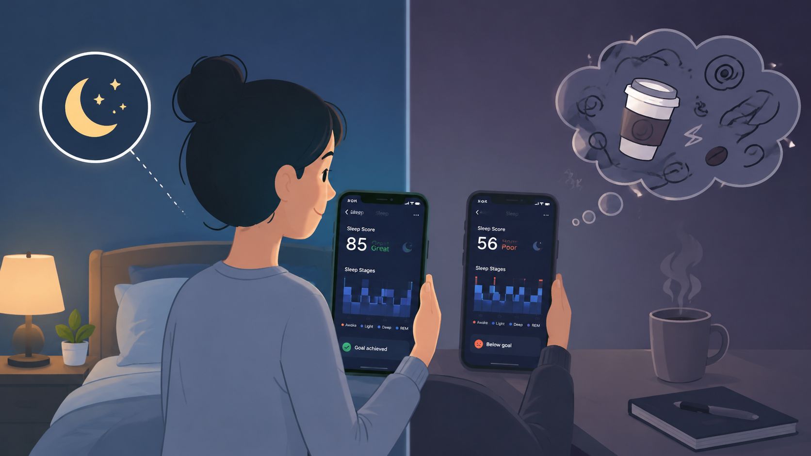 A woman comparing two phone screens showing a high sleep score and a low sleep score.