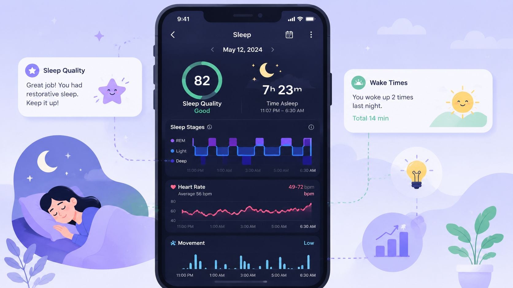 A smartphone screen showing a sleep tracking app interface with quality score, sleep stages, heart rate, and movement.