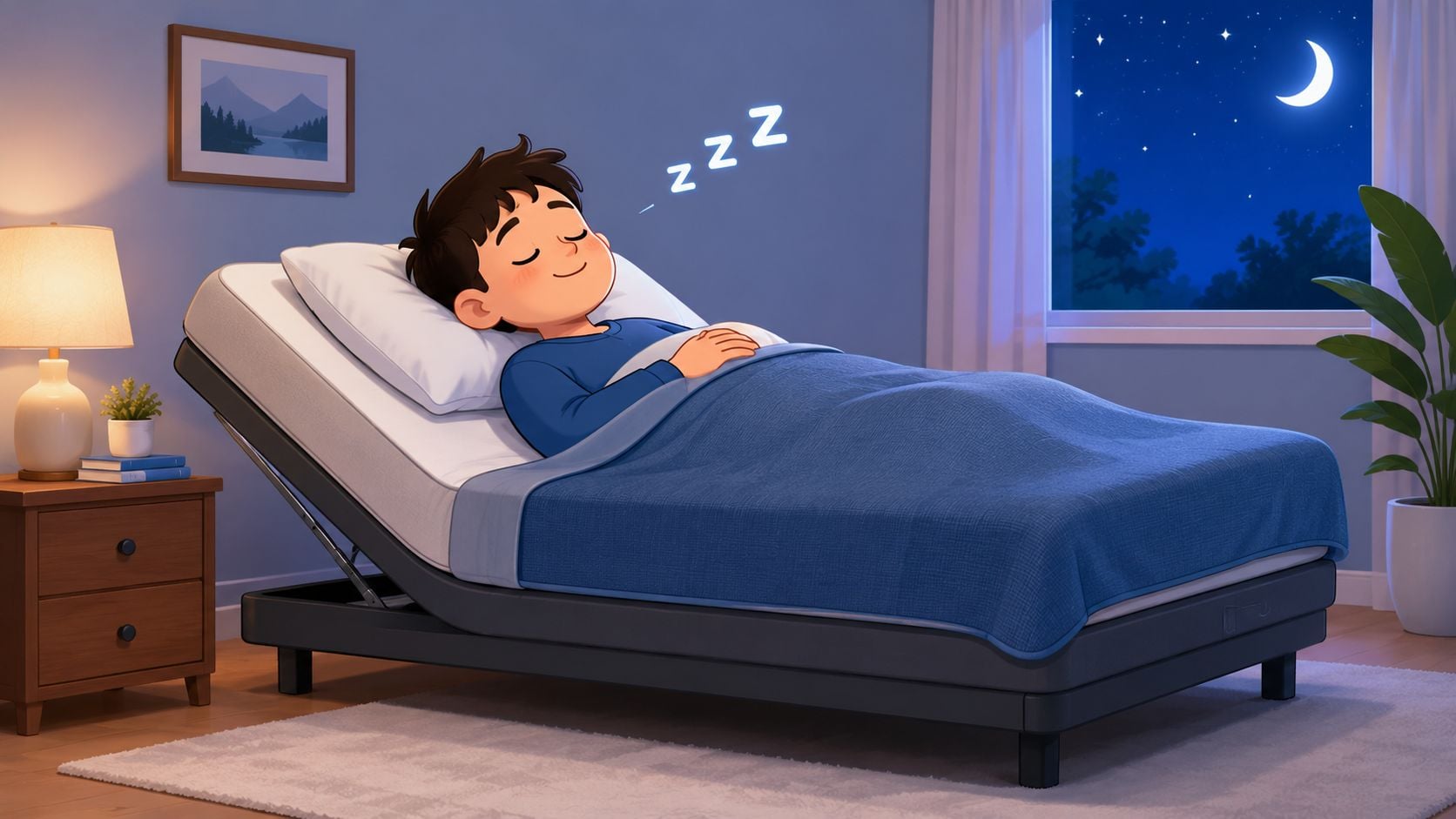 A young boy sleeping peacefully on an adjustable bed in a cozy, dimly lit bedroom at night.