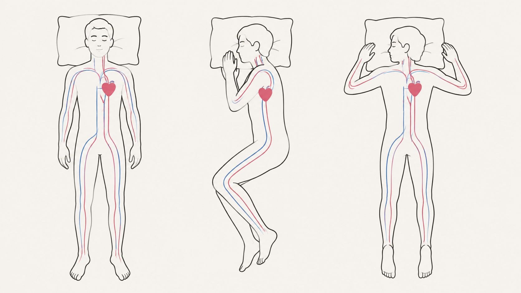An illustration showing three different human sleeping positions to visualize blood flow and cardiovascular health.