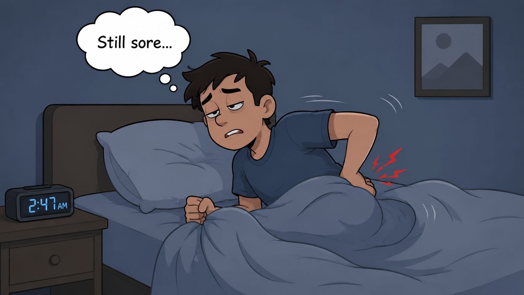 A man waking up at night in pain and holding his back while sitting in bed.