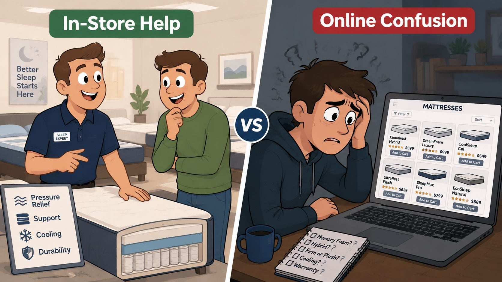 A split image comparing helpful in-store mattress shopping experiences with the confusion of buying mattresses online.