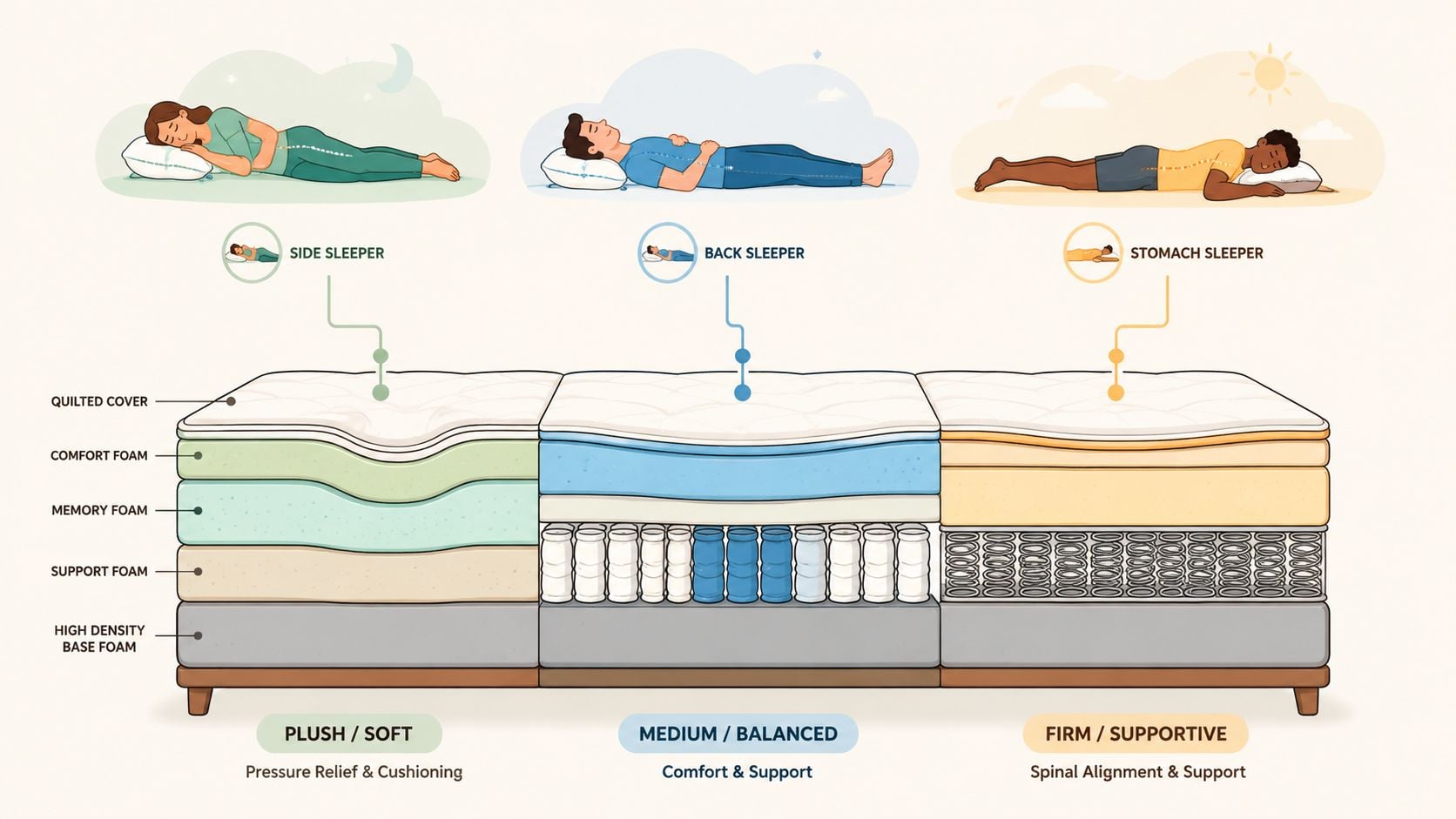 An infographic showing mattress firmness levels with different sleeping positions including side, back, and stomach sleepers.