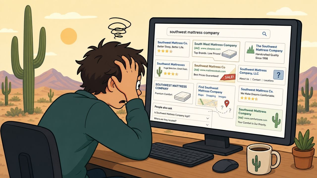 A stressed person looking at a computer screen filled with many different Southwest Mattress Company search results.