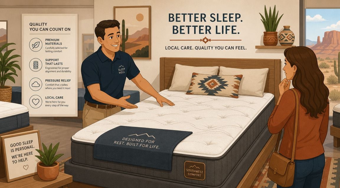 A friendly mattress store employee explains product features to a customer in a warm, southwestern-themed bedroom showroom.