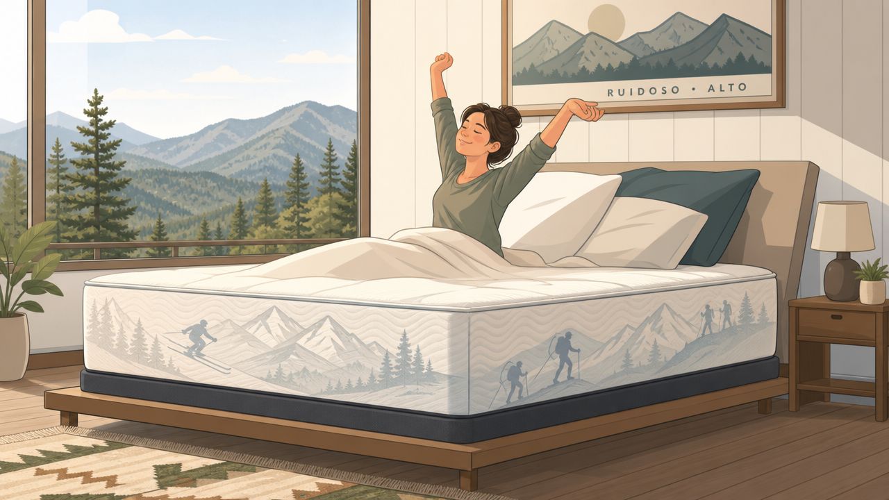 A woman waking up and stretching in a bedroom with a view of mountain scenery.