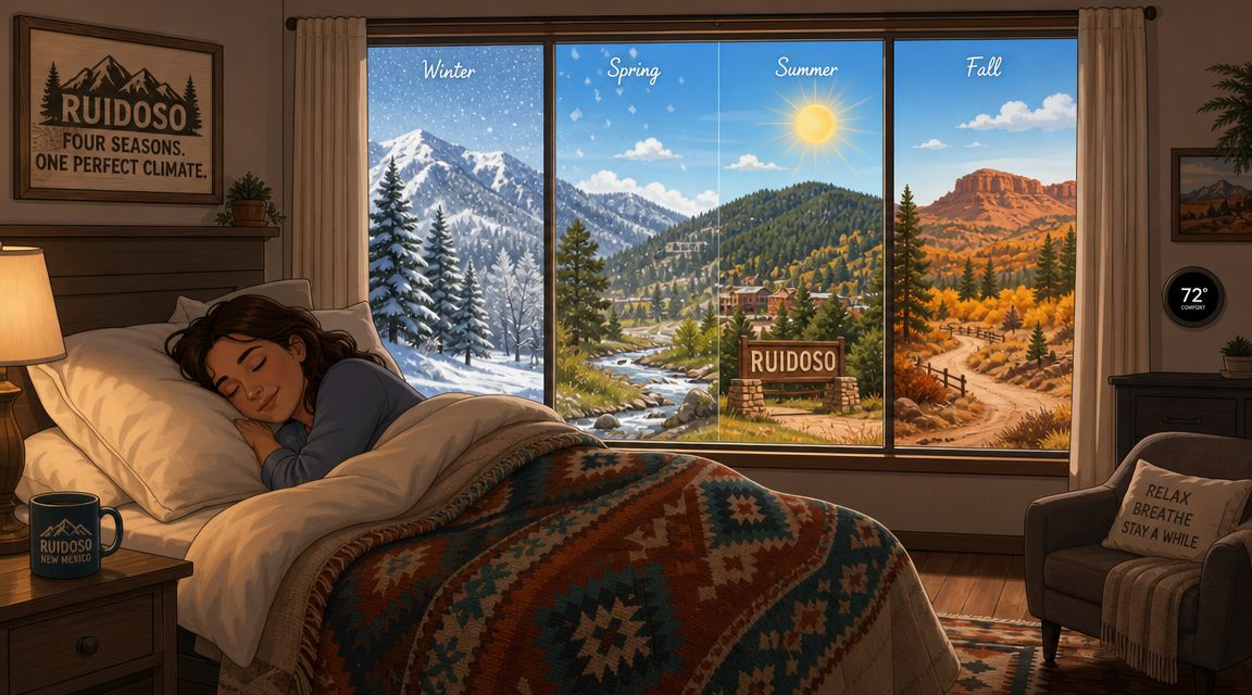 A sleeping woman in a cozy bed looking out at windows depicting all four seasons in Ruidoso.
