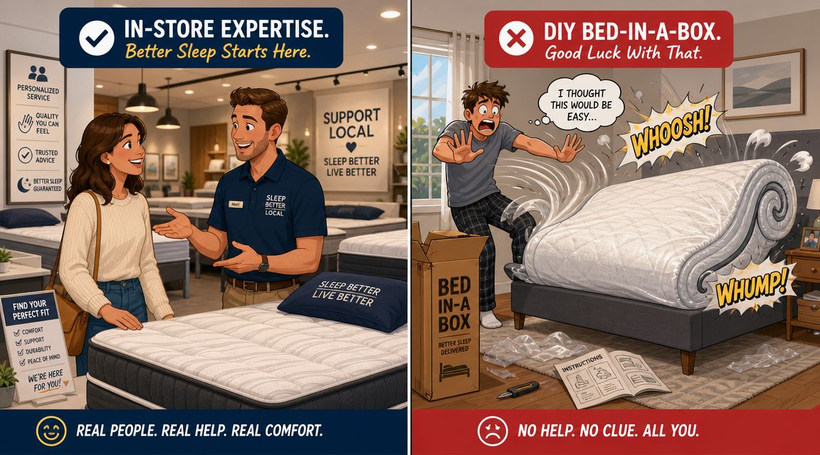 A split-screen comparison showing a helpful mattress store experience versus a chaotic DIY bed-in-a-box setup at home.