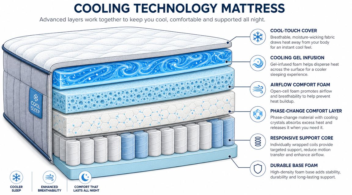 A diagram of a multi-layer mattress featuring cooling technology layers, springs, and foam for comfortable sleep.
