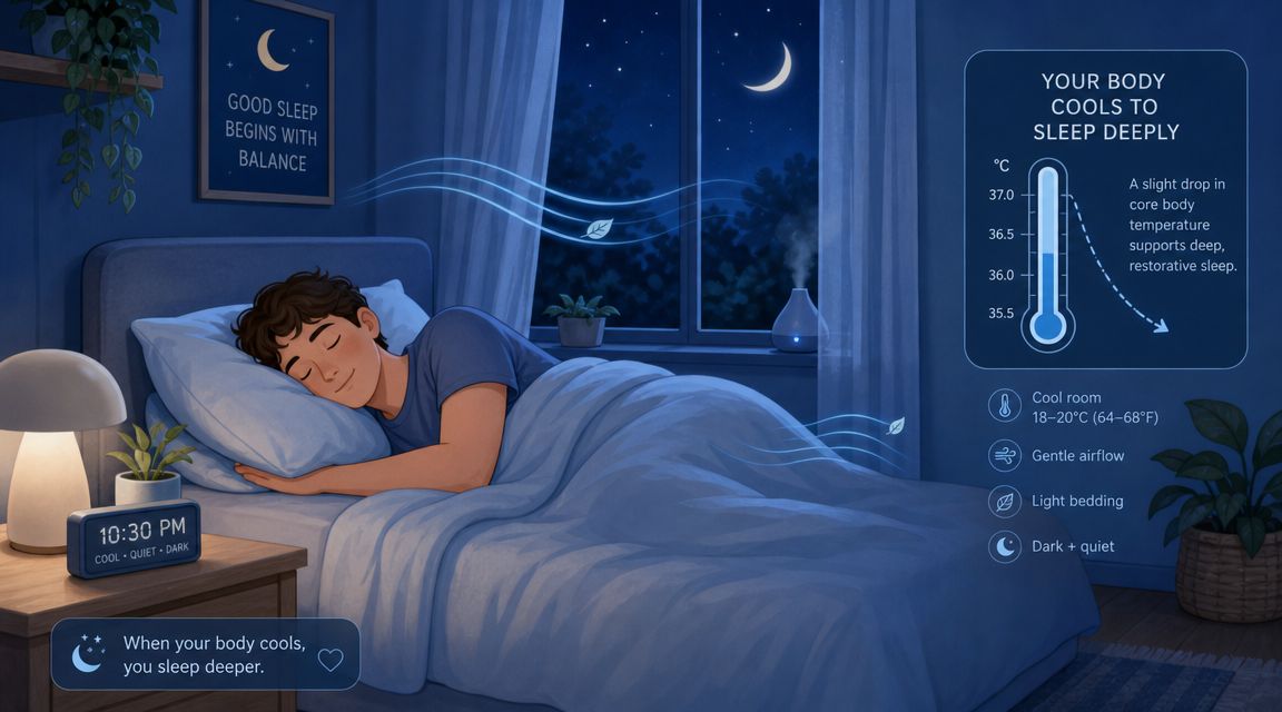 A peaceful illustration showing a man sleeping soundly in a cool, dark room optimized for better sleep quality.