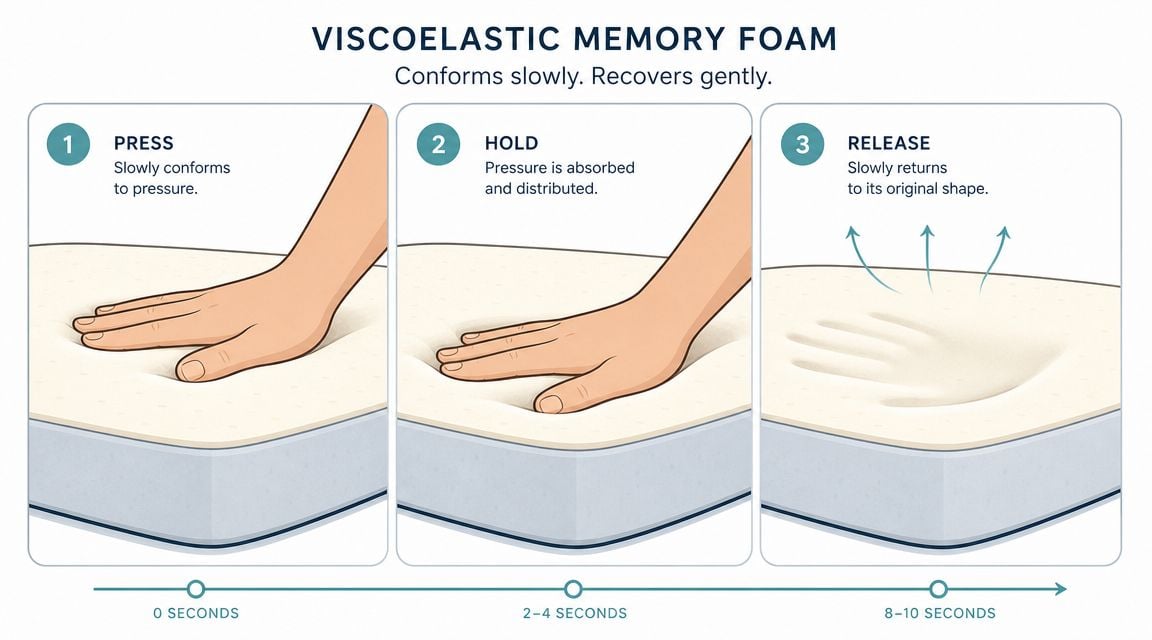 A diagram illustrating how viscoelastic memory foam conforms to hand pressure and slowly returns to shape.