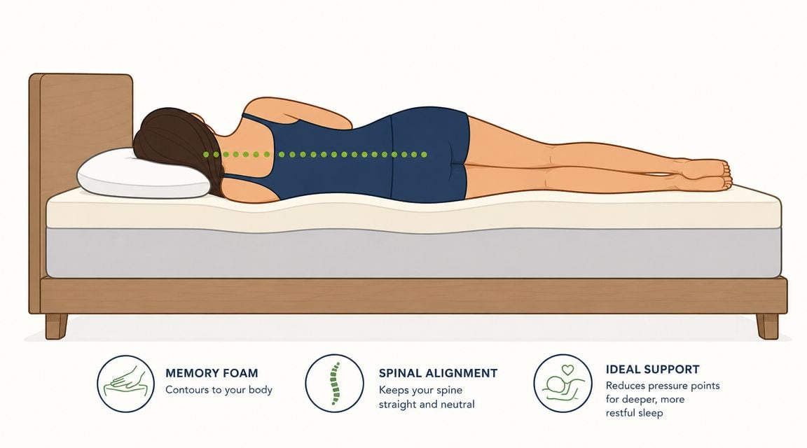 A person sleeping on a memory foam mattress shown in a cross section to demonstrate spinal alignment.