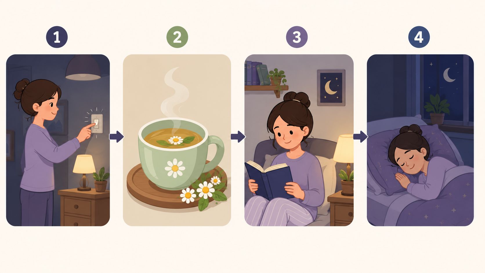 A four-step illustration showing a woman's bedtime routine involving turning off lights, drinking tea, reading, and sleeping.