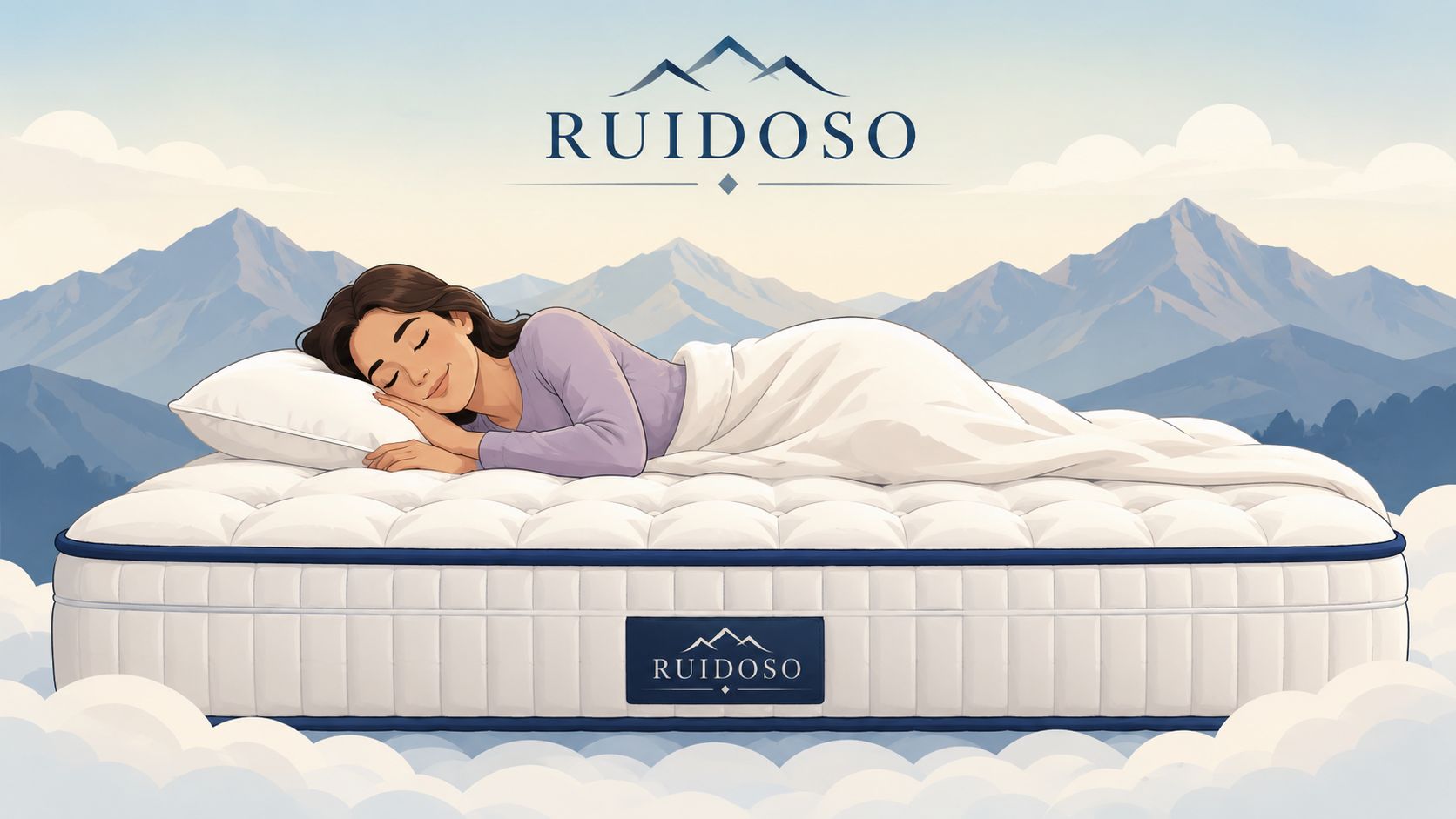 A peaceful woman sleeping comfortably on a plush mattress floating above clouds with mountains in the background.