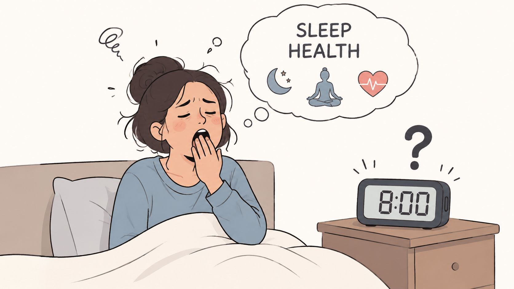 A tired woman waking up in bed thinking about the importance of sleep health and wellness.