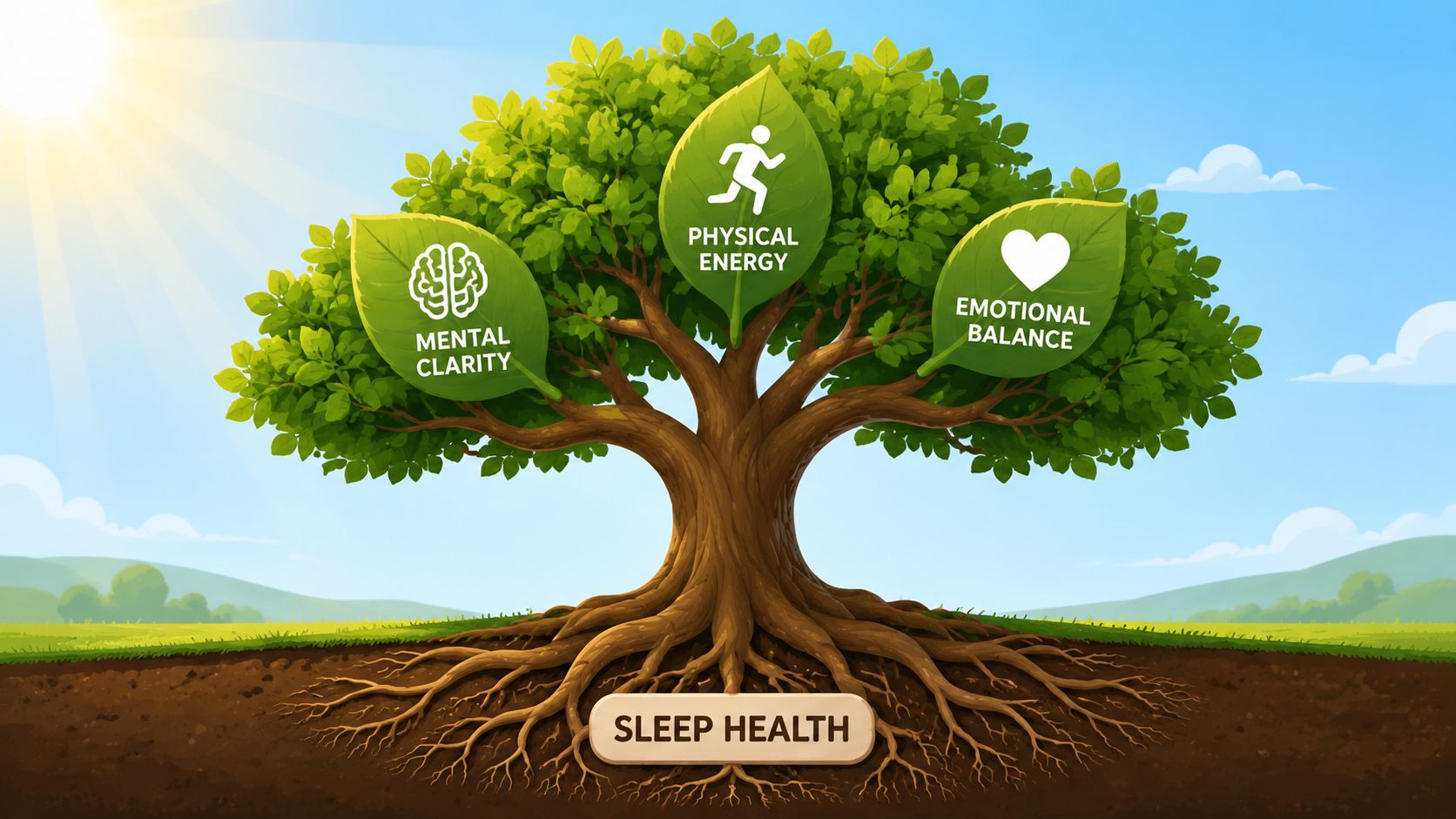 A diagram of a tree showing sleep health as the roots supporting mental clarity, physical energy, and emotional balance.