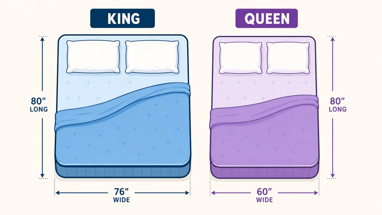 A comparison illustration showing the dimensions of a King mattress versus a Queen size mattress.