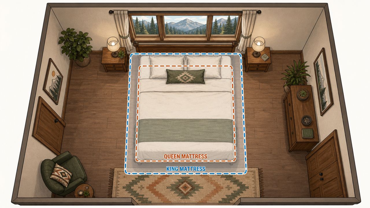 An overhead view comparing the size difference between a queen mattress and a king mattress in a bedroom.