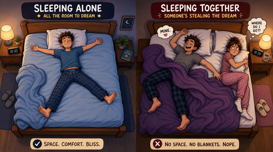 A split image illustration comparing the comfort of sleeping alone versus the lack of space when sharing a bed.