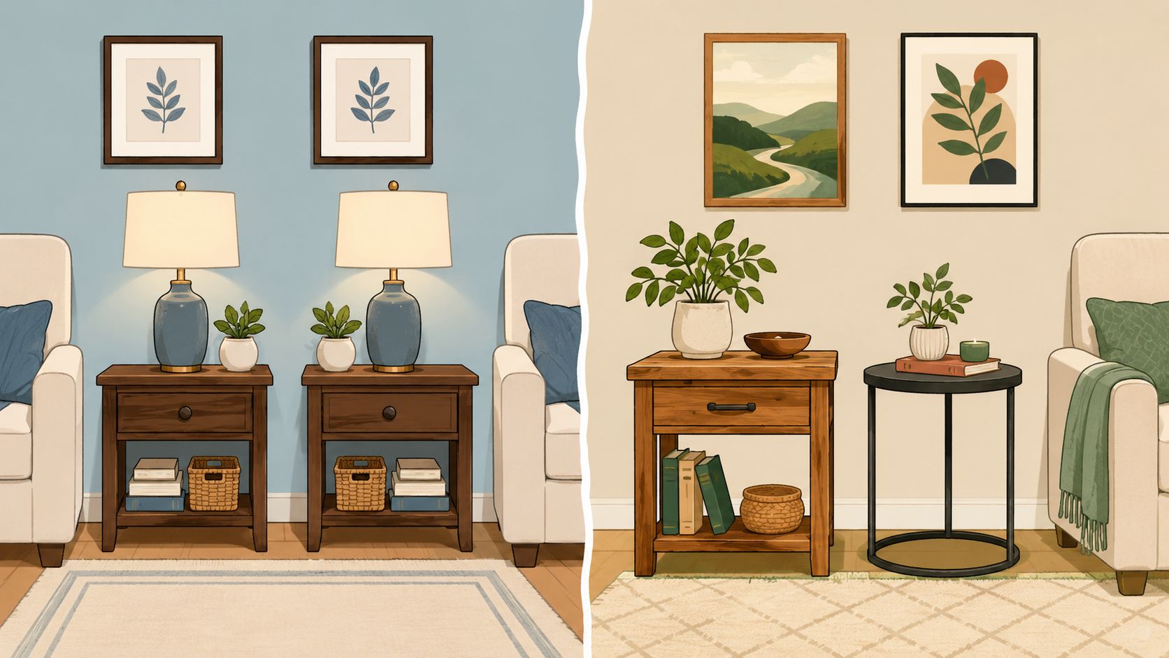 A split image showing two different interior living room designs with various end tables and home decor.