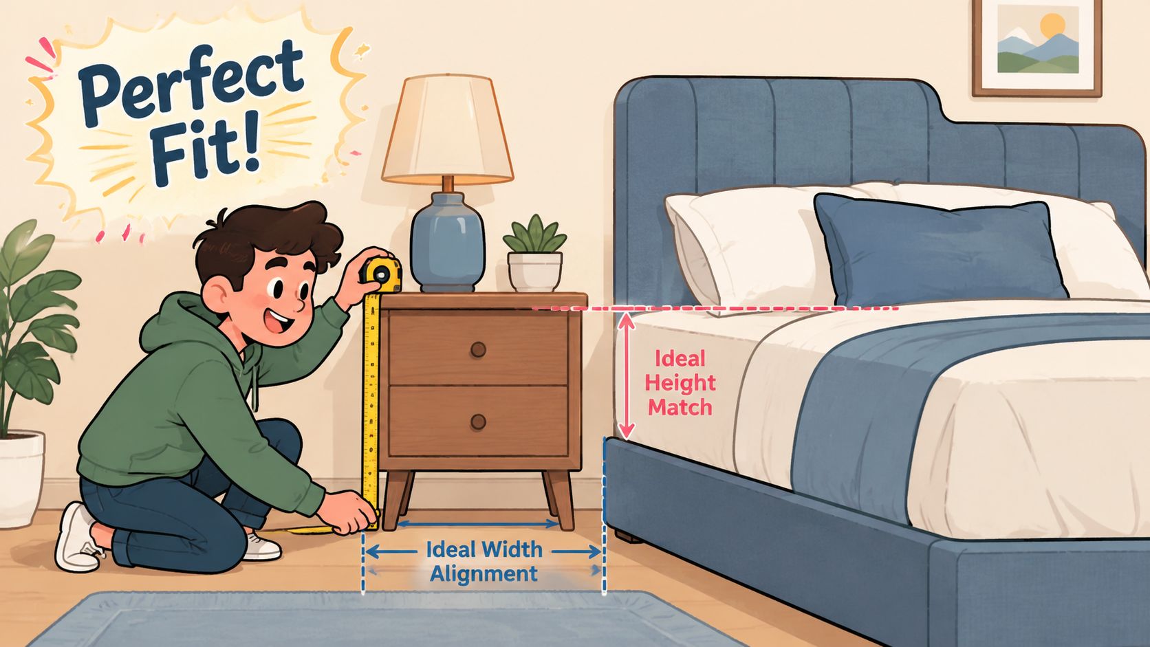 A boy using a measuring tape to ensure his bedside table aligns perfectly with his bed frame.