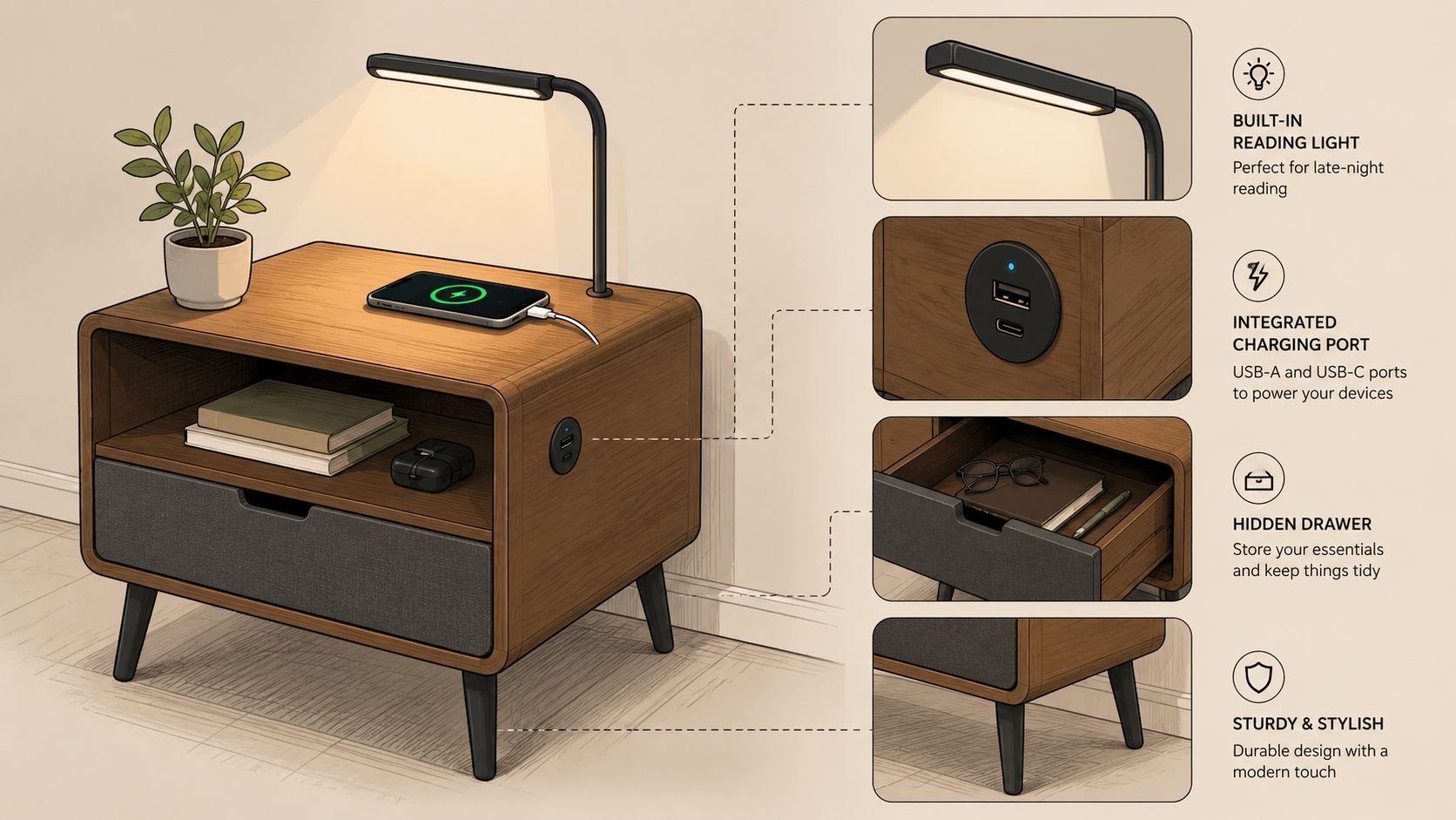 A modern wooden bedside nightstand featuring an integrated lamp, built-in charging ports, and a convenient storage drawer.